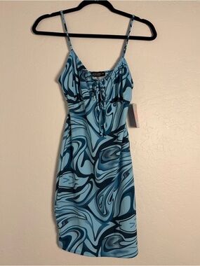 Liz & Sara Women Sz M Mini BodyCon Dress Blue Marble Swirl Print Spaghetti Strap